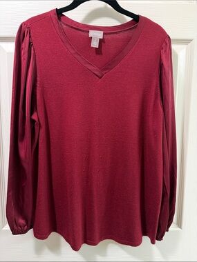Chico's Size 2/Womens 12 V-Neck with satin Long Sleeve Top — Wine